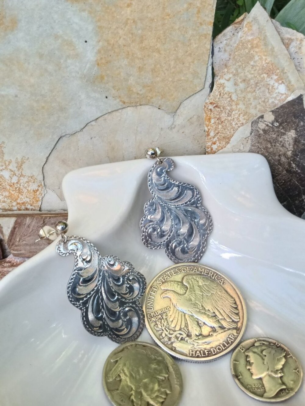 Beautiful Scalloped Edged Etched Sterling Earrings